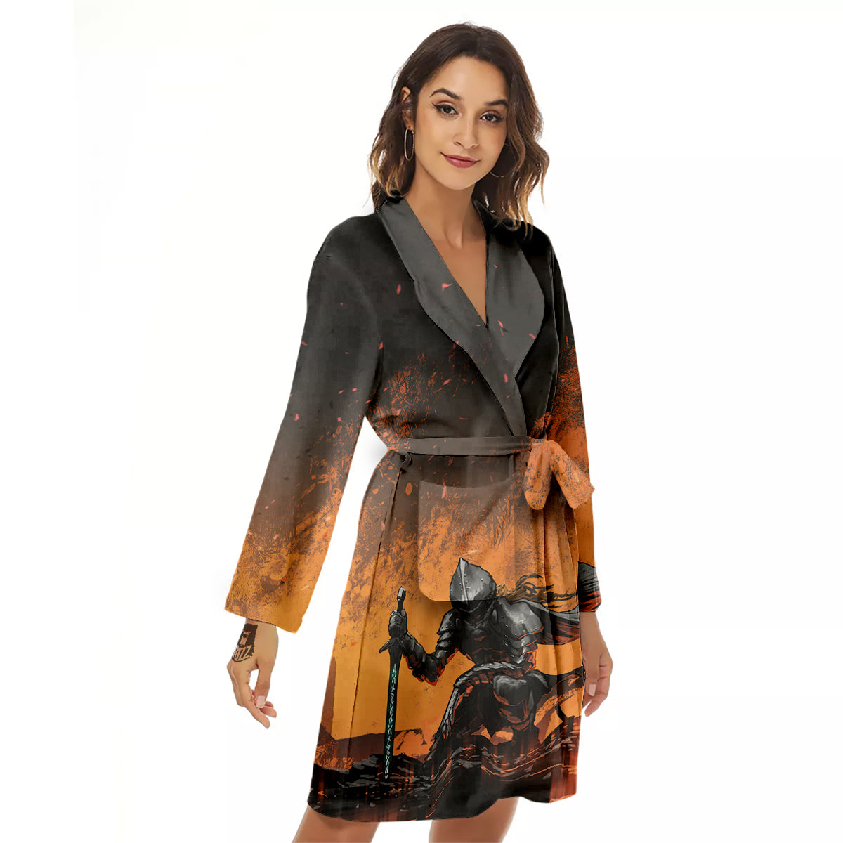 Fantasy Knight On Fire Print Women's Robe-grizzshop