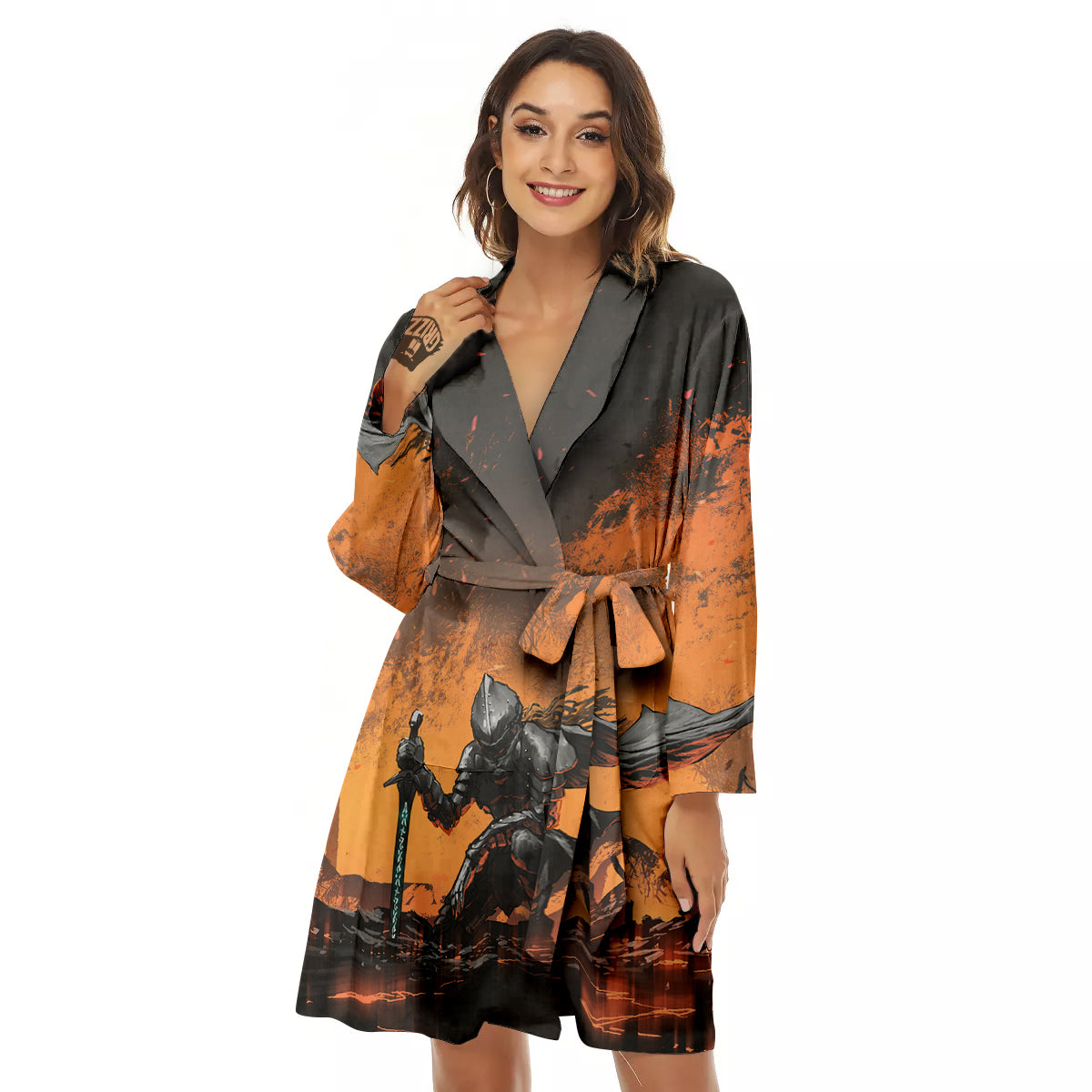 Fantasy Knight On Fire Print Women's Robe-grizzshop