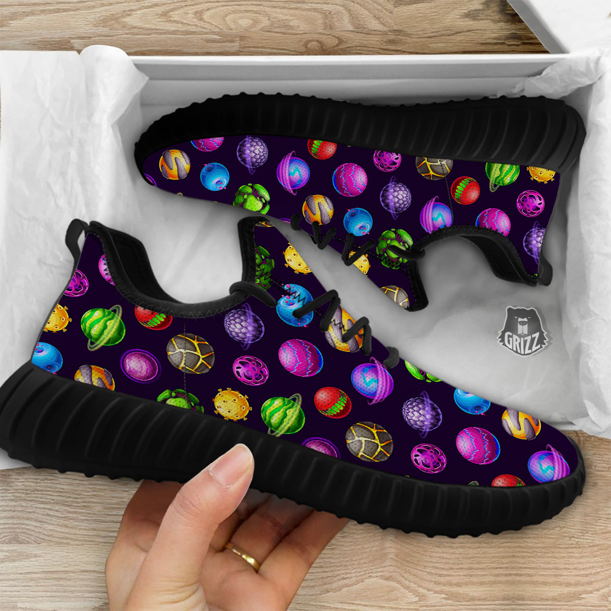 Fantasy Planets In Space Universe Print Pattern Black Walking Shoes-grizzshop
