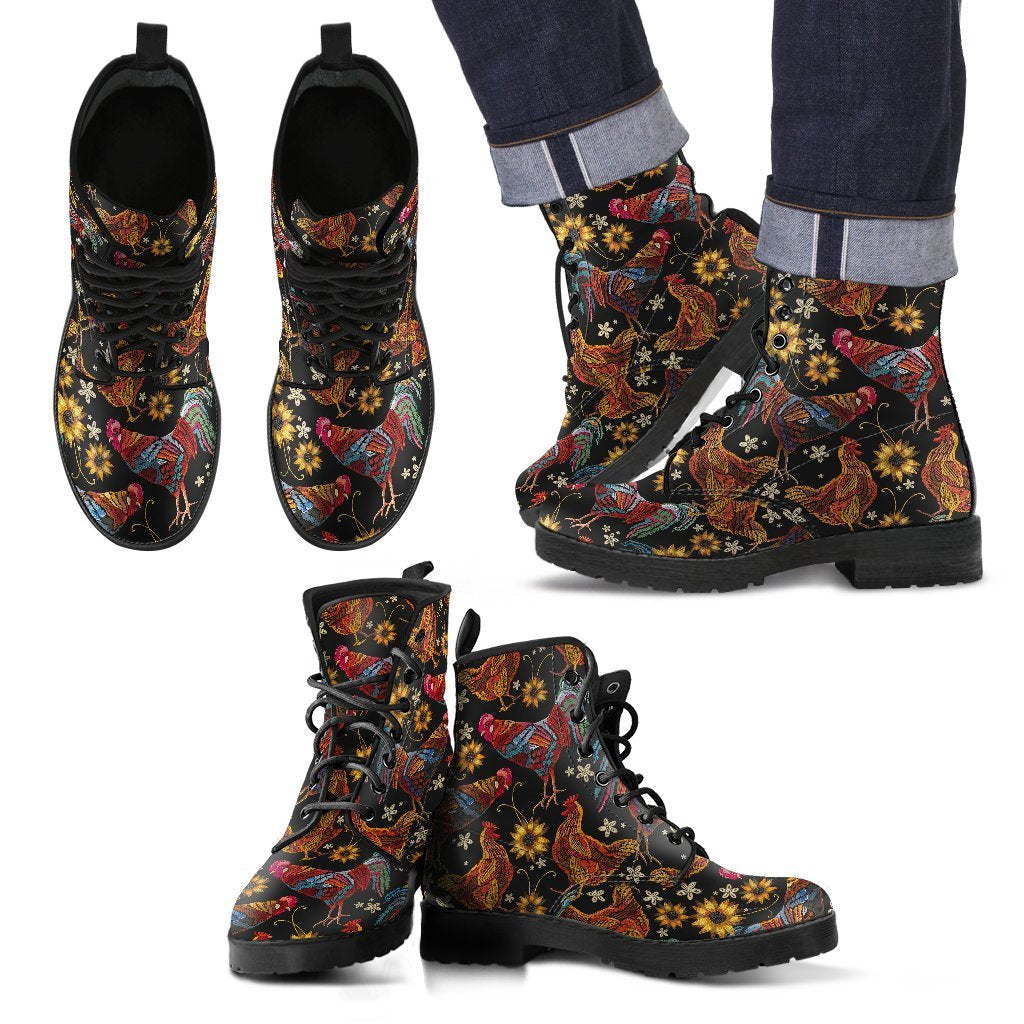 Farm Chicken Hen Flower Pattern Print Men Women Leather Boots-grizzshop