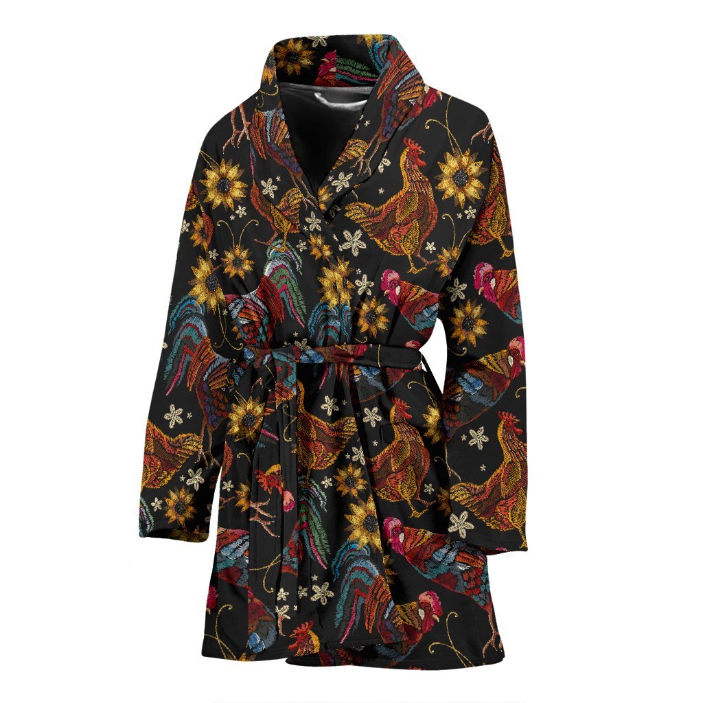 Farm Chicken Hen Flower Pattern Print Women Long Robe-grizzshop