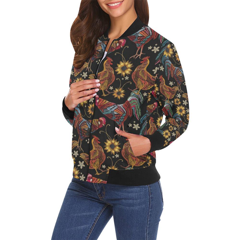 Farm Chicken Hen Flower Pattern Print Women Casual Bomber Jacket-grizzshop