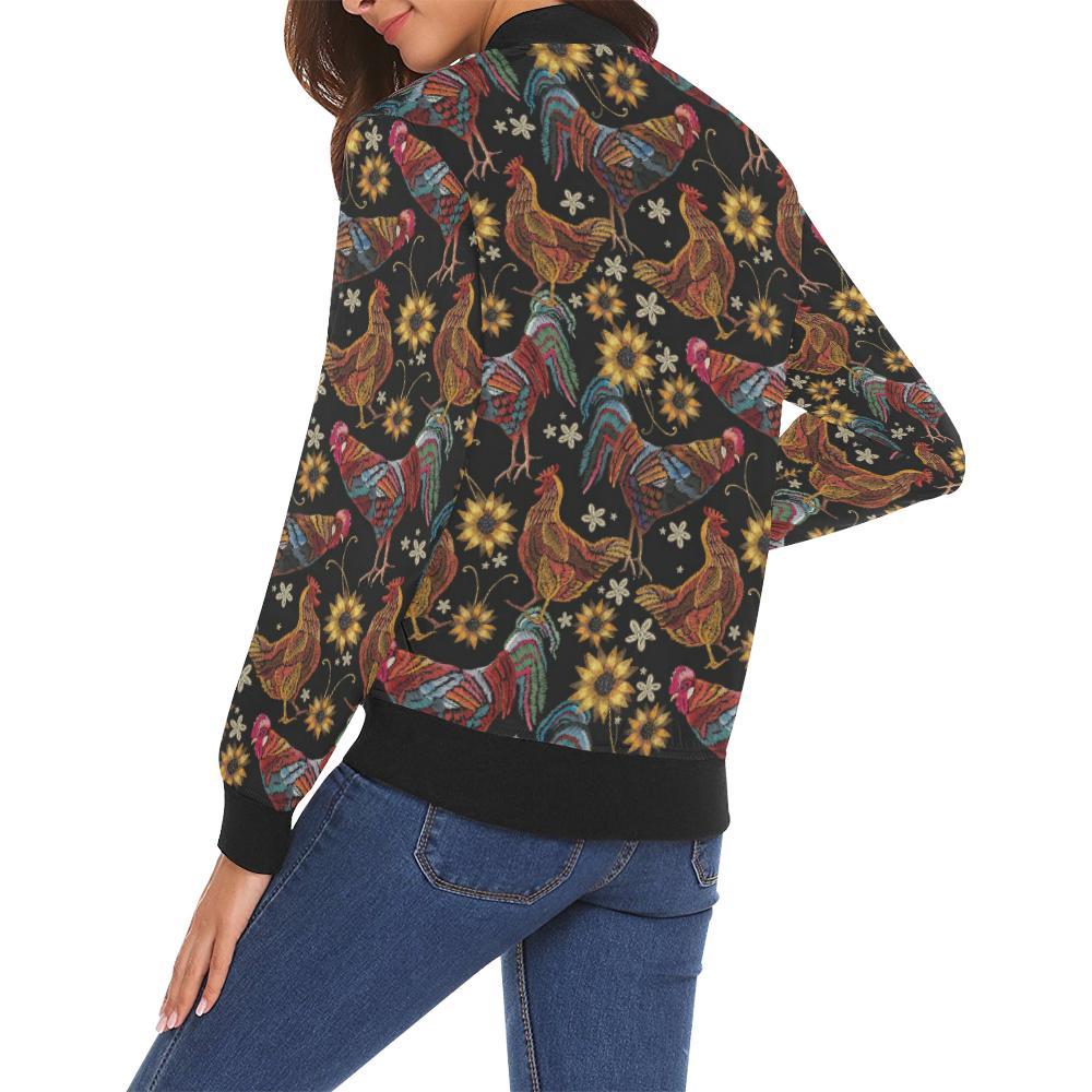 Farm Chicken Hen Flower Pattern Print Women Casual Bomber Jacket-grizzshop
