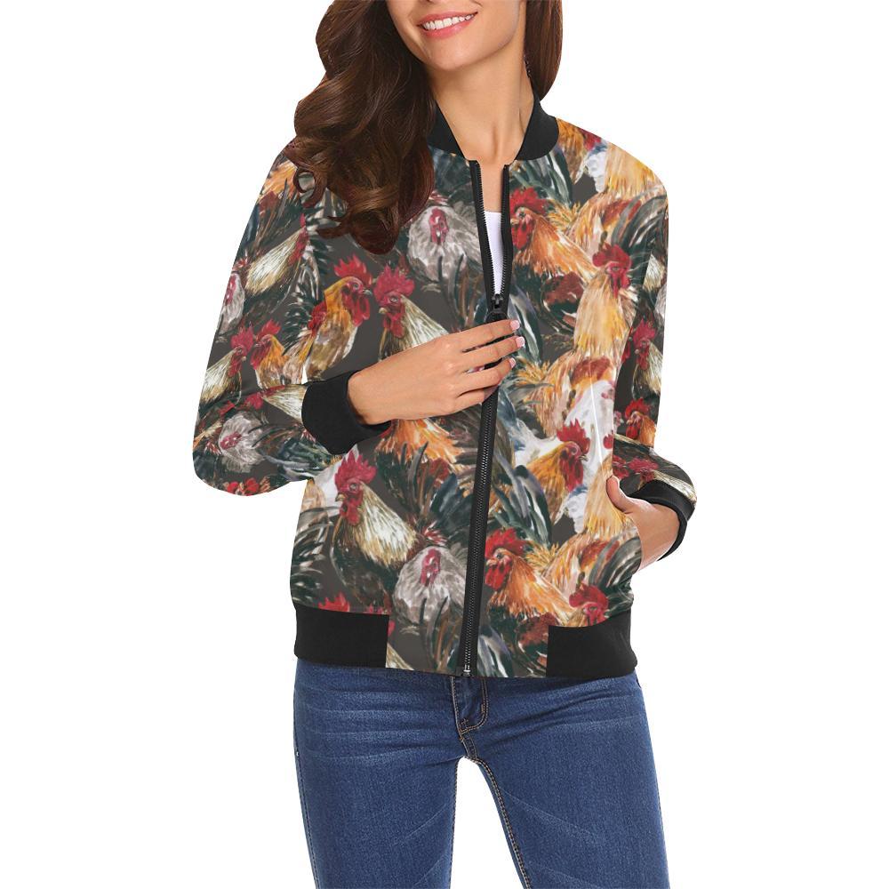 Farm Chicken Hen Pattern Print Women Casual Bomber Jacket-grizzshop