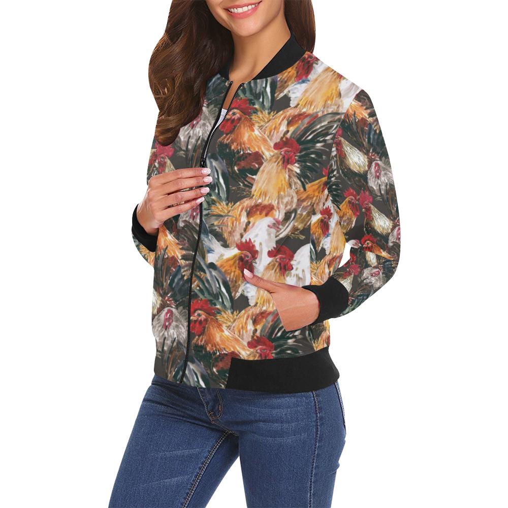 Farm Chicken Hen Pattern Print Women Casual Bomber Jacket-grizzshop
