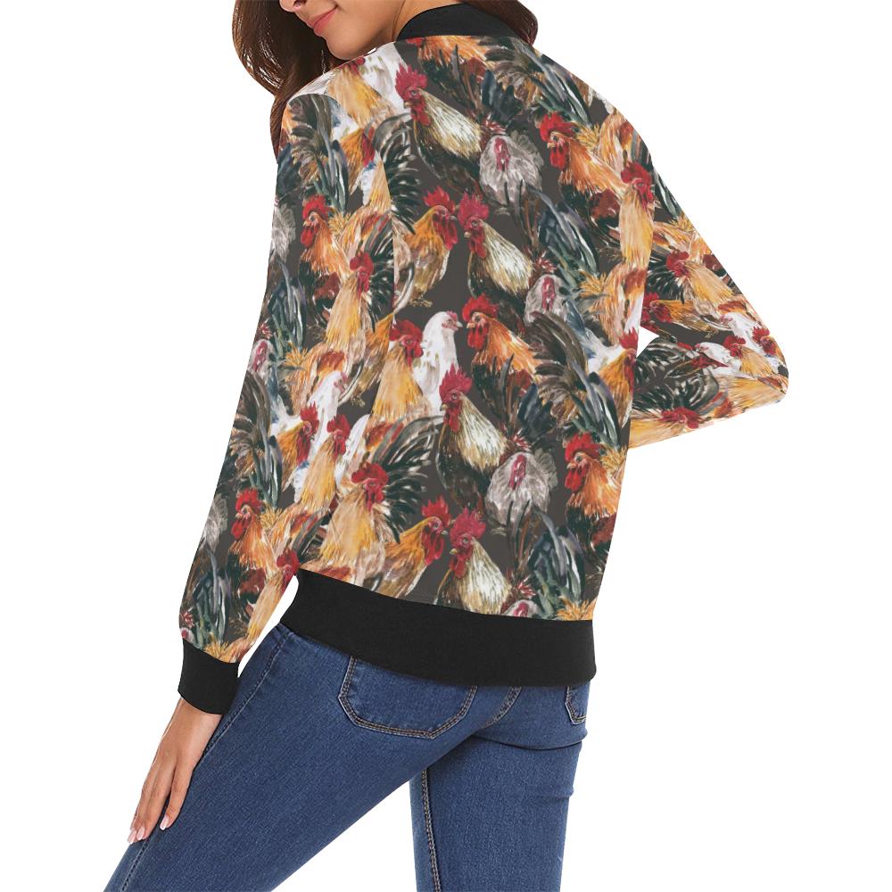 Farm Chicken Hen Pattern Print Women Casual Bomber Jacket-grizzshop