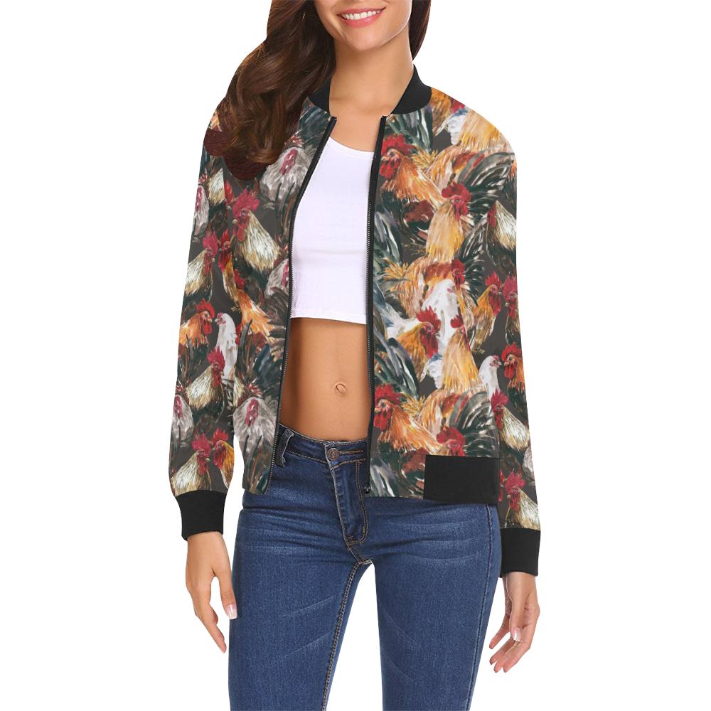 Farm Chicken Hen Pattern Print Women Casual Bomber Jacket-grizzshop
