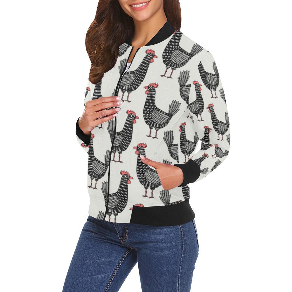Farm Chicken Pattern Print Women Casual Bomber Jacket-grizzshop