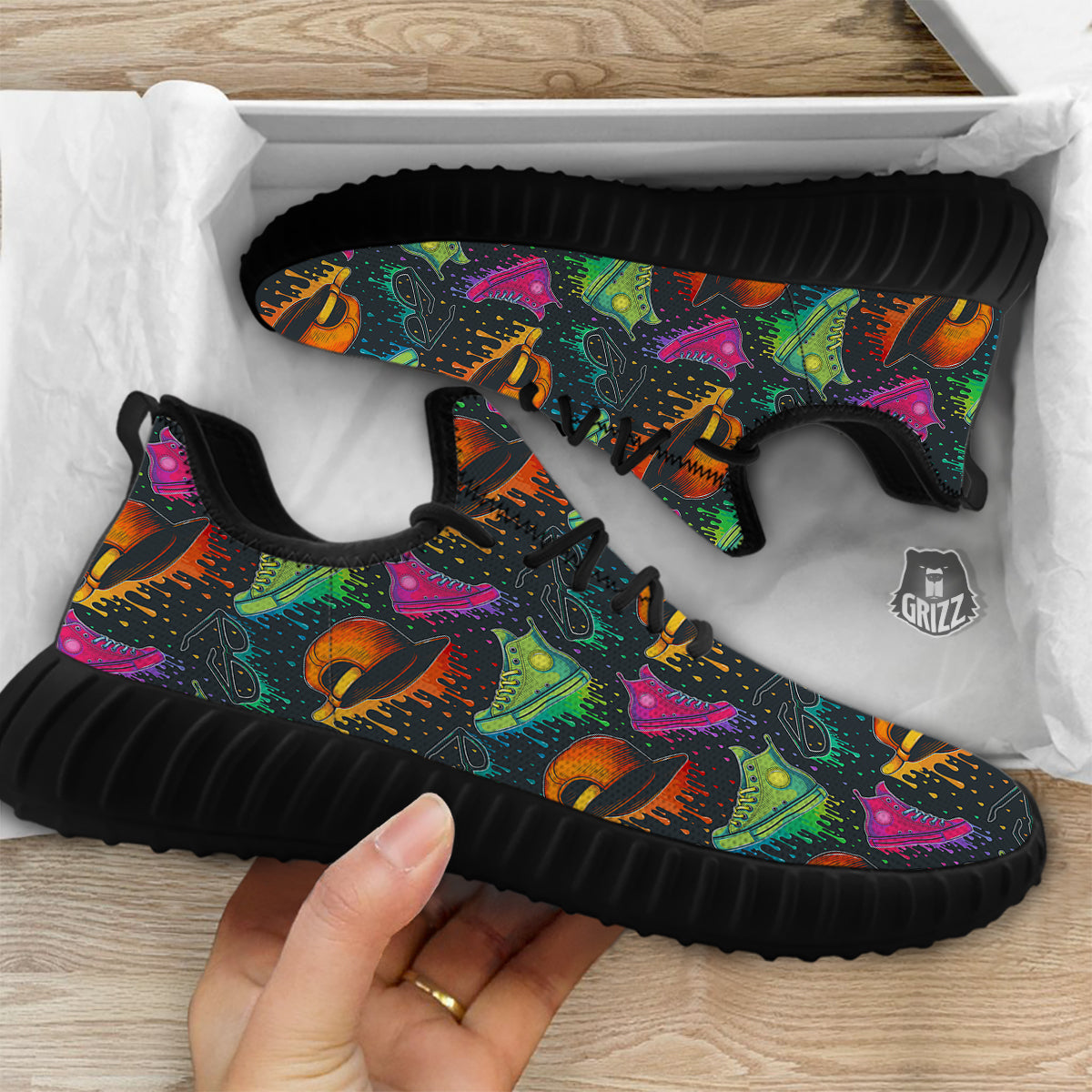 Fashion Colorful Print Pattern Black Walking Shoes-grizzshop