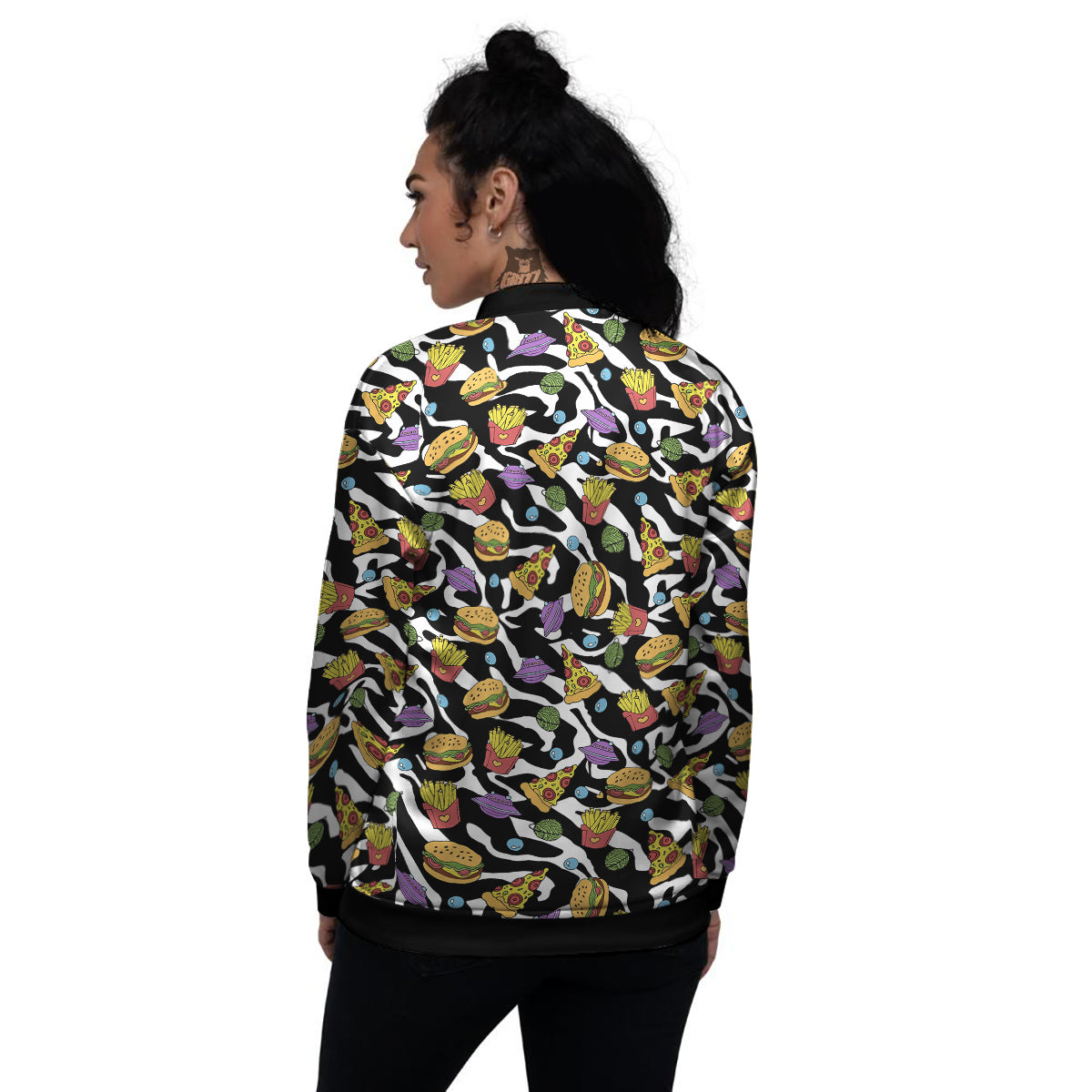Fastfood Cute Zebra Print Pattern Women's Bomber Jacket-grizzshop
