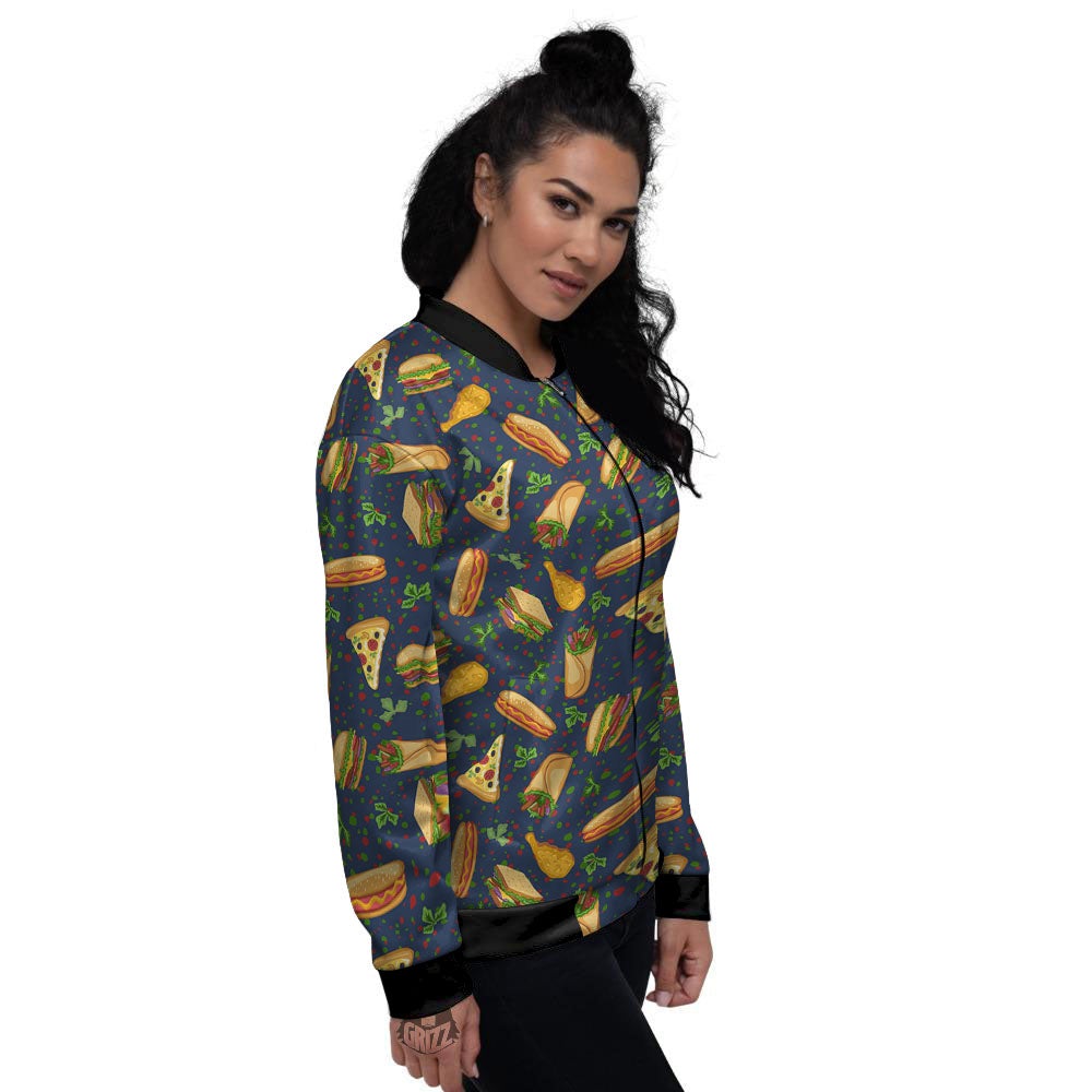 Fastfood Navy Doodle Print Pattern Women's Bomber Jacket-grizzshop