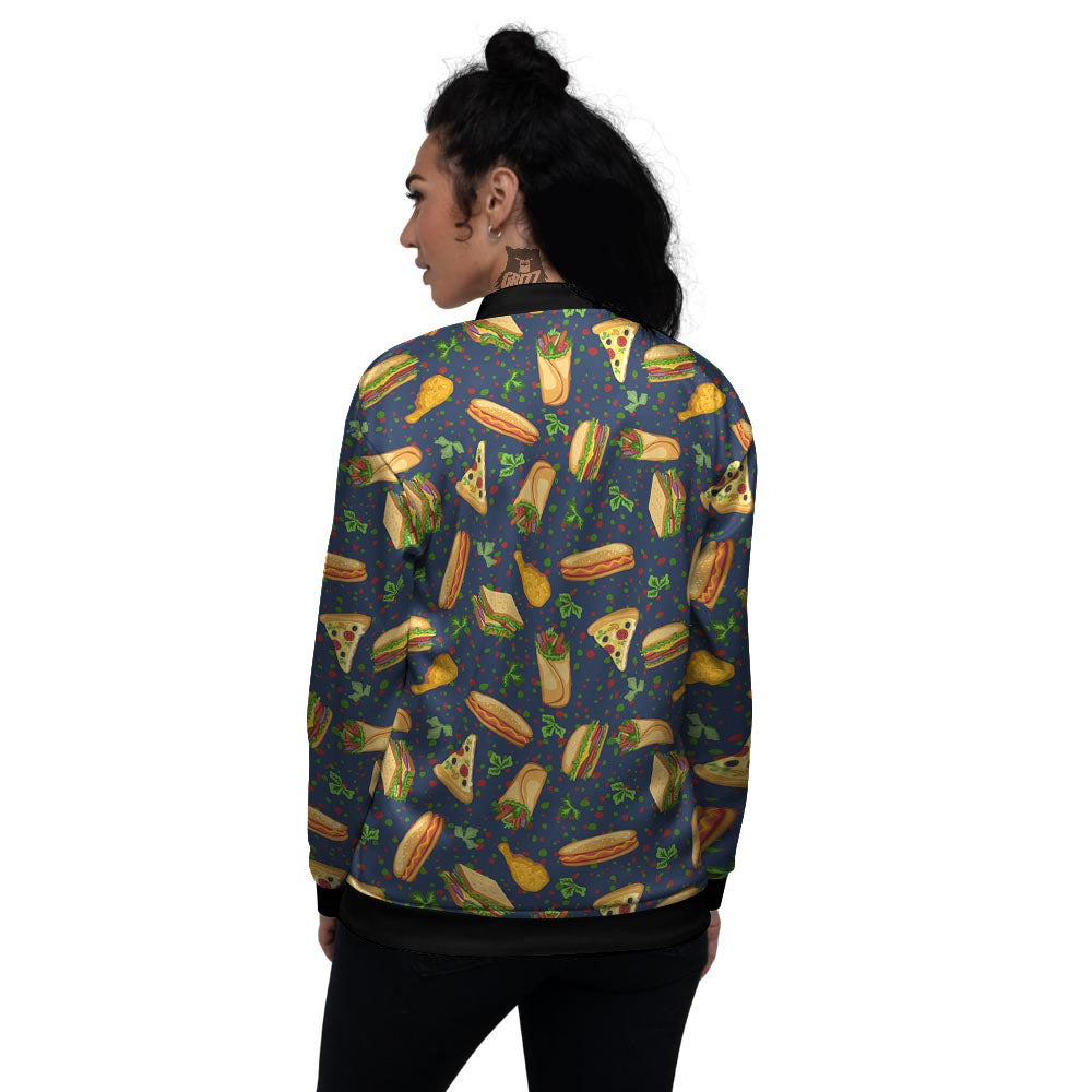 Fastfood Navy Doodle Print Pattern Women's Bomber Jacket-grizzshop