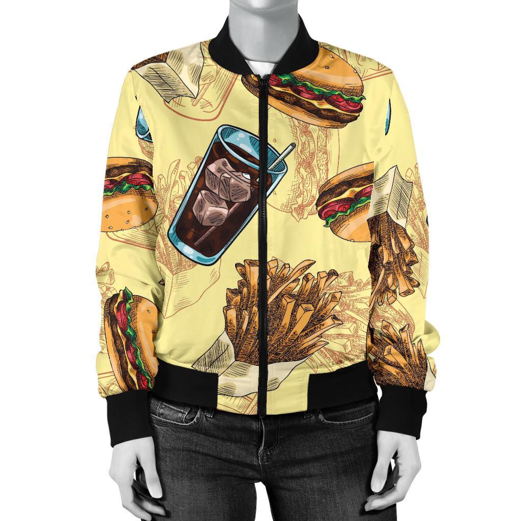 Fastfood Pattern Print Women Casual Bomber Jacket-grizzshop