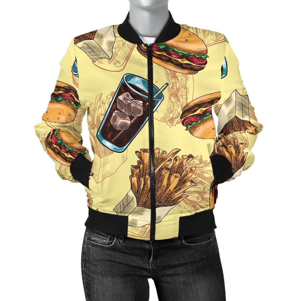 Fastfood Pattern Print Women Casual Bomber Jacket-grizzshop