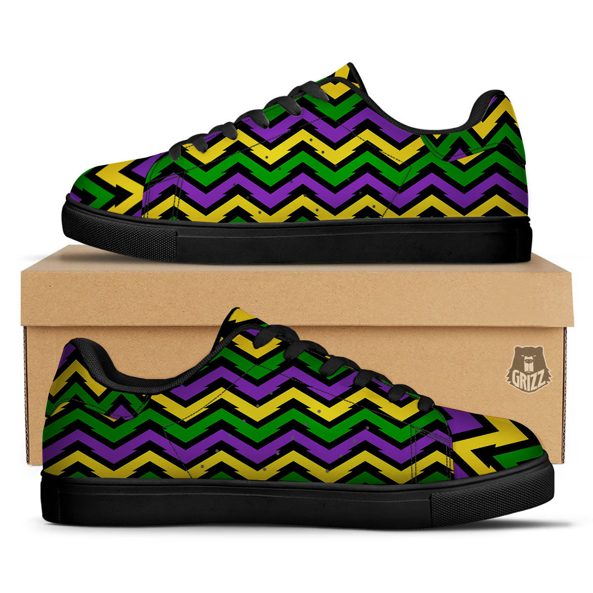 Fat Tuesday Zigzag Mardi Gras Print Black Low Top Sneakers-grizzshop
