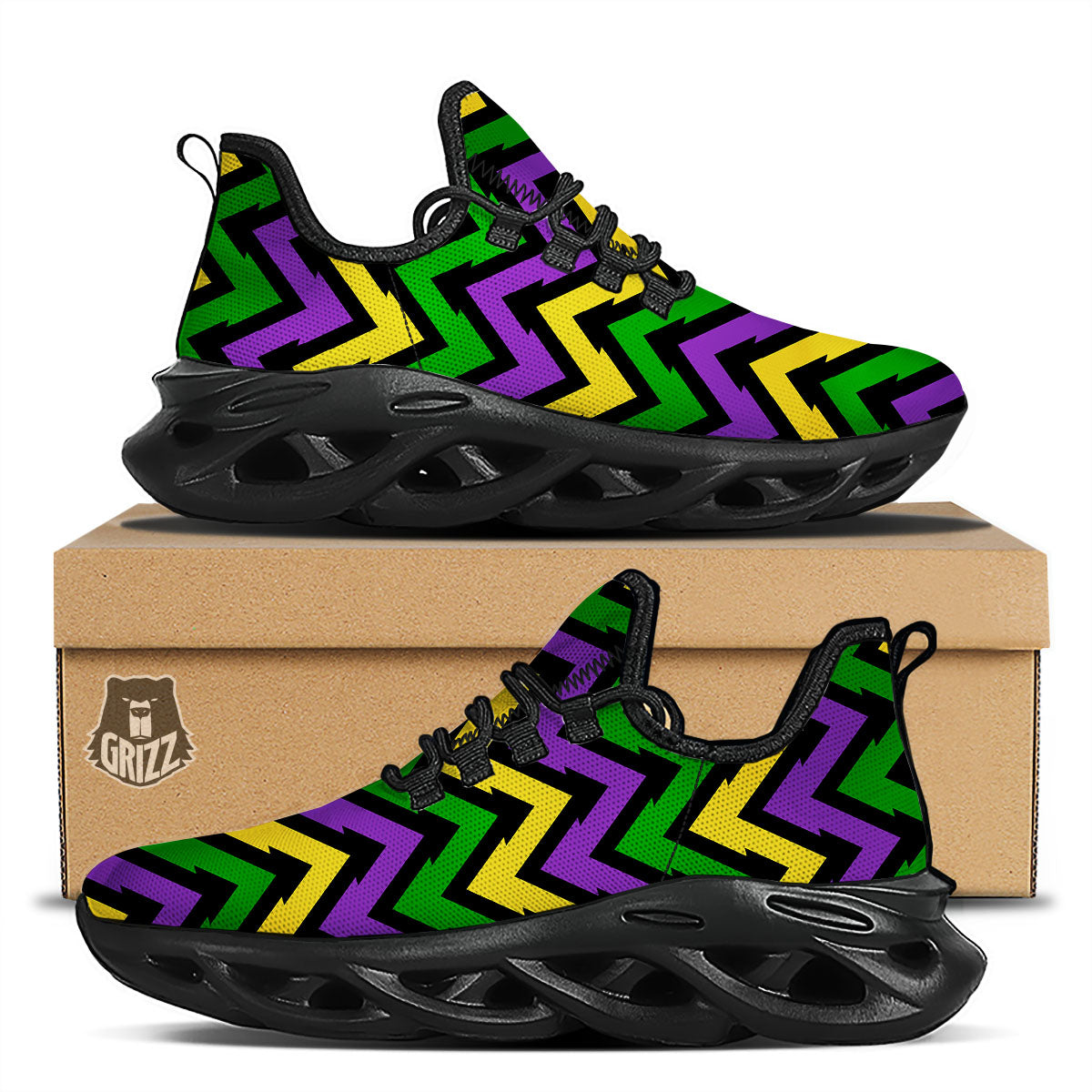 Fat Tuesday Zigzag Mardi Gras Print Black Running Shoes-grizzshop