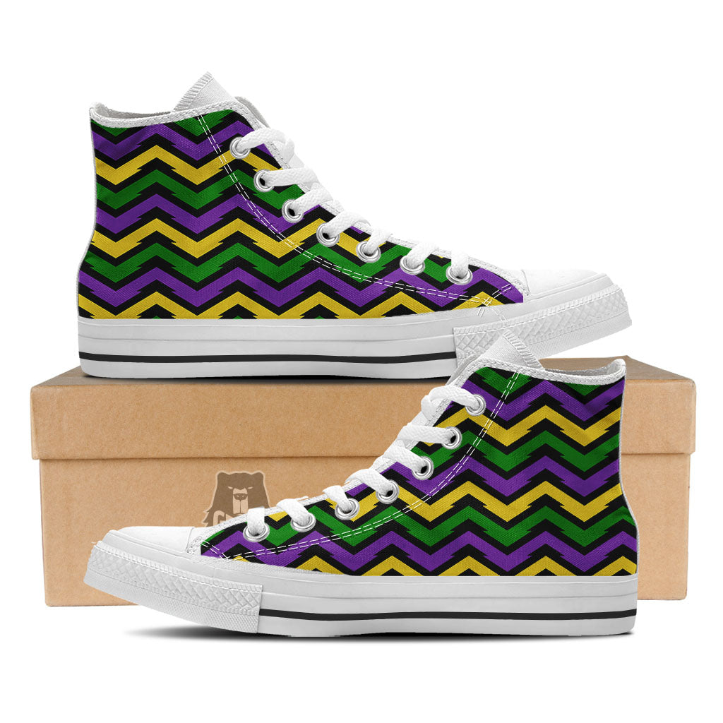 Fat Tuesday Zigzag Mardi Gras Print White High Top Shoes-grizzshop