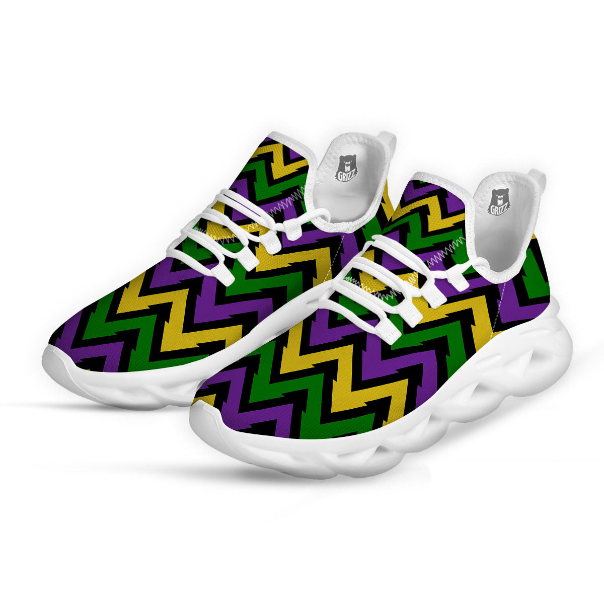 Fat Tuesday Zigzag Mardi Gras Print White Running Shoes-grizzshop
