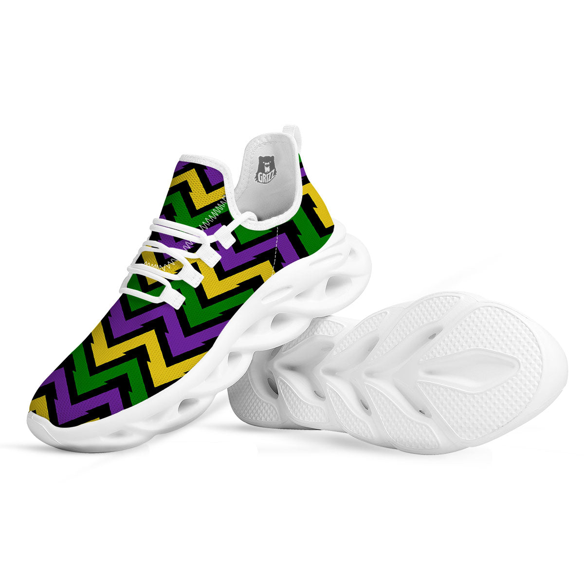 Fat Tuesday Zigzag Mardi Gras Print White Running Shoes-grizzshop