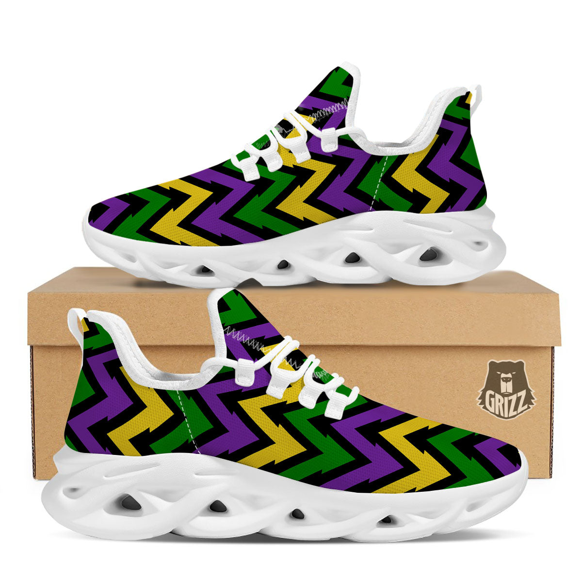 Fat Tuesday Zigzag Mardi Gras Print White Running Shoes-grizzshop