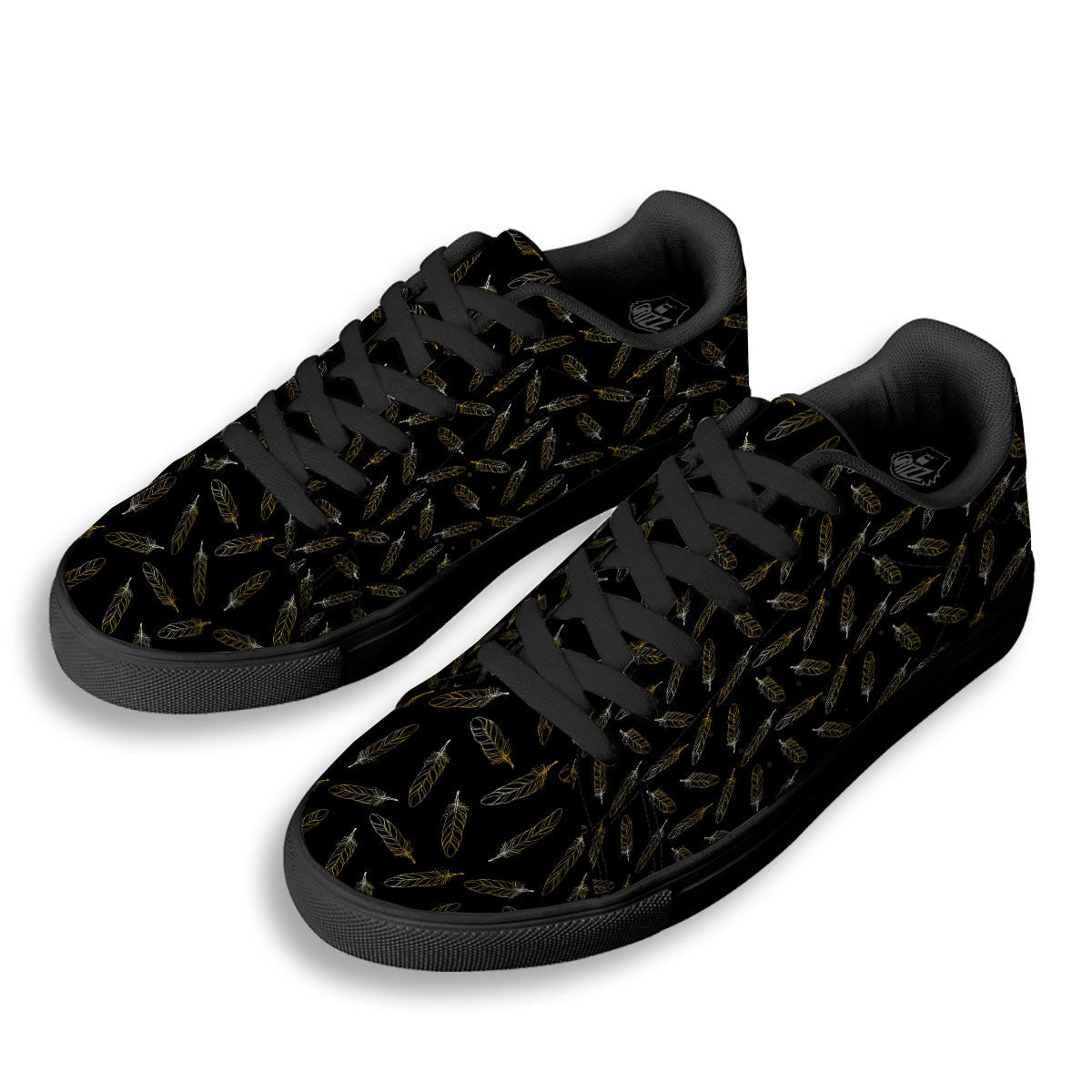 Feather Black And Gold Print Pattern Black Low Top Sneakers-grizzshop