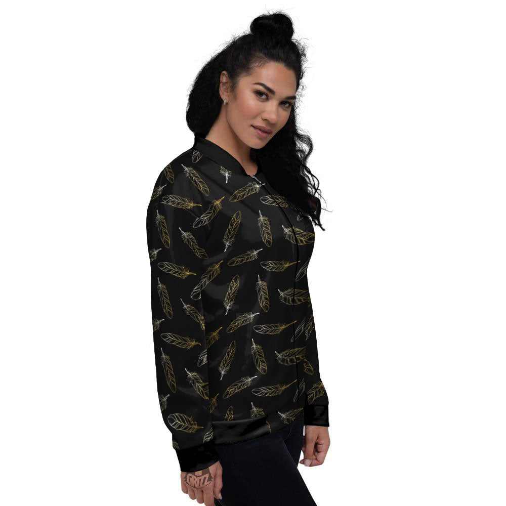Feather Black And Gold Print Pattern Women's Bomber Jacket-grizzshop