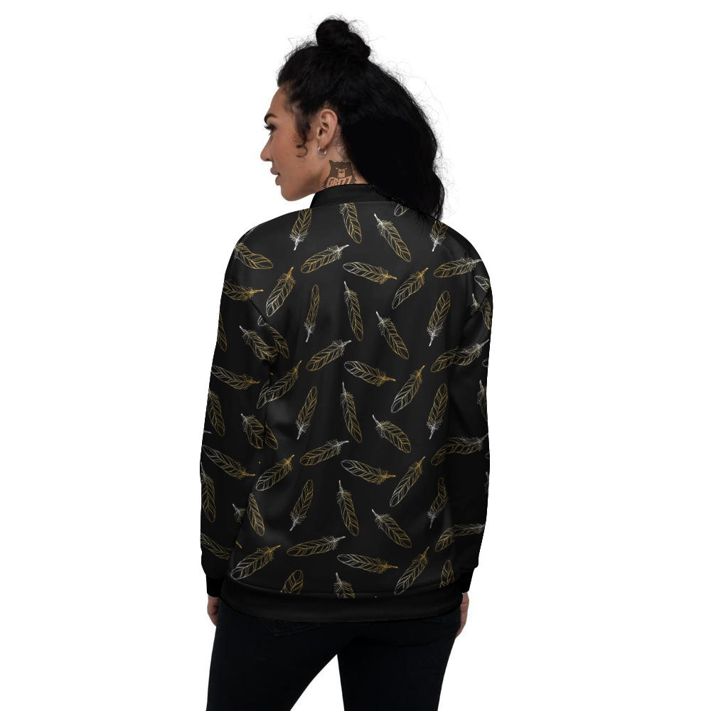 Feather Black And Gold Print Pattern Women's Bomber Jacket-grizzshop