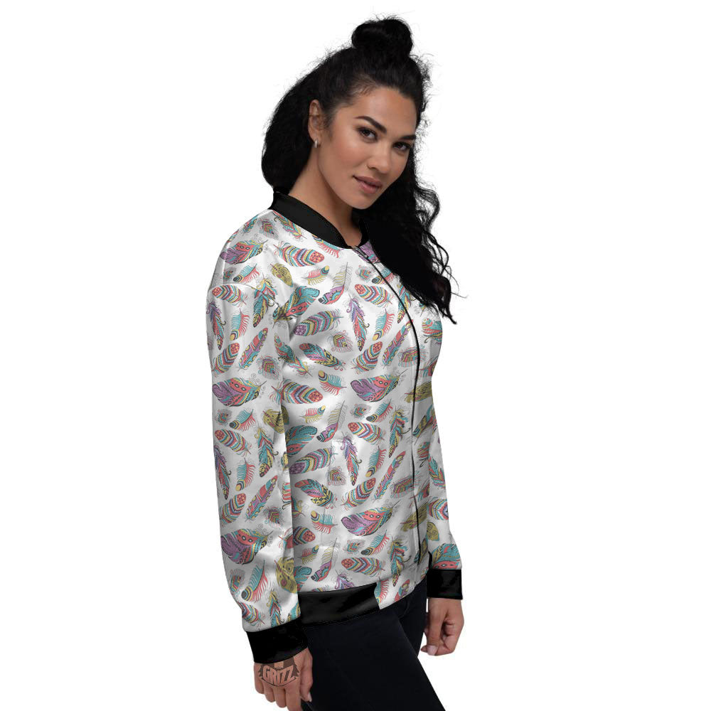Feather Bohemian Print Pattern Women's Bomber Jacket-grizzshop