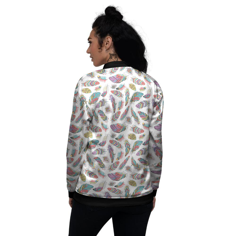 Feather Bohemian Print Pattern Women's Bomber Jacket-grizzshop