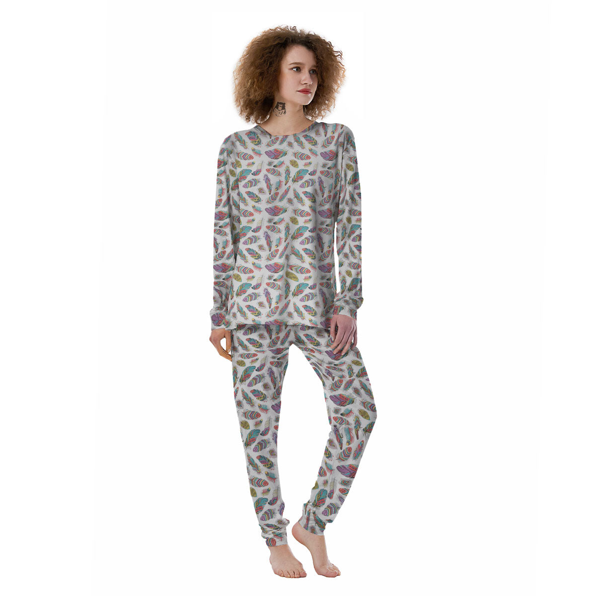 Feather Bohemian Print Pattern Women's Pajamas-grizzshop