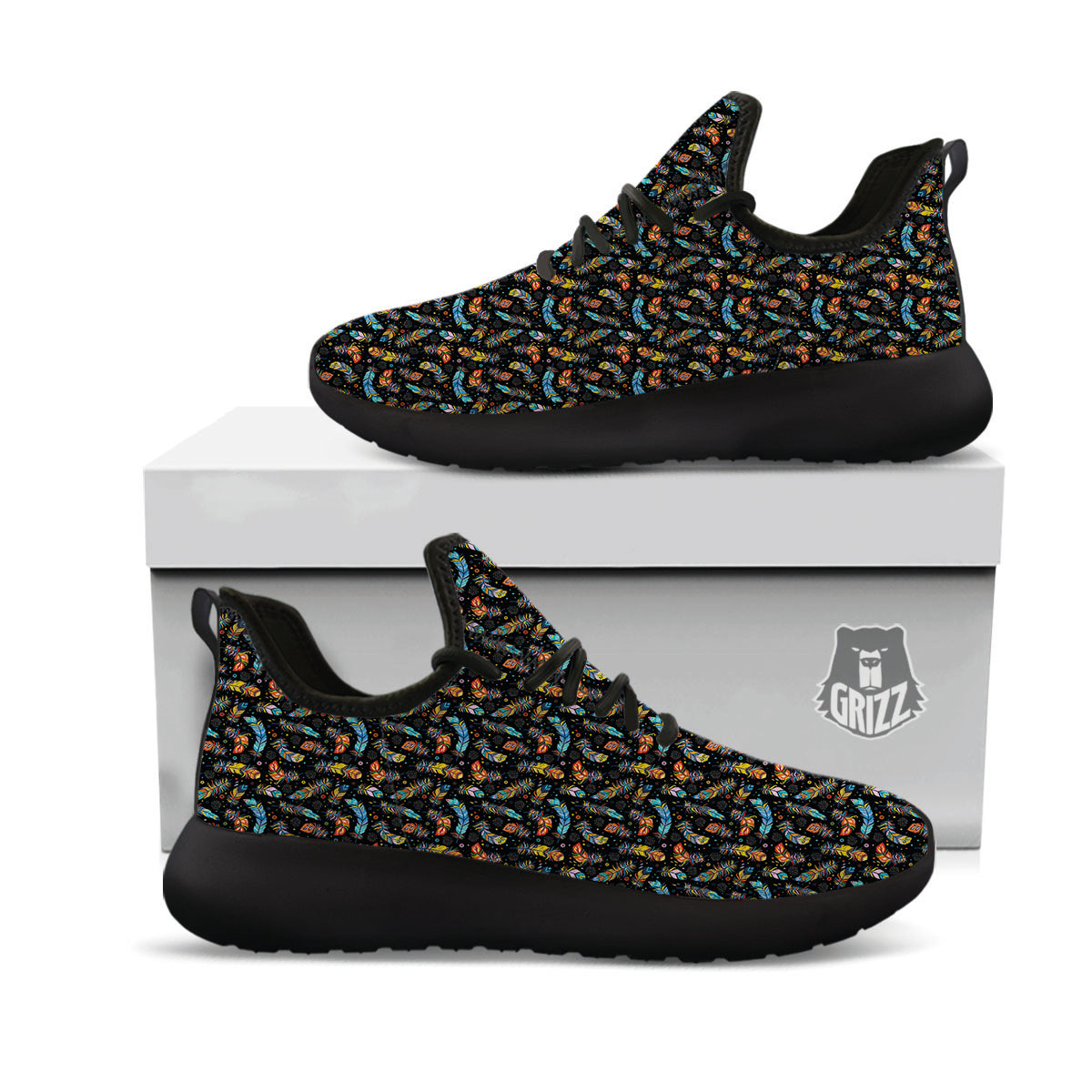 Feather Boho Print Pattern Black Athletic Shoes-grizzshop