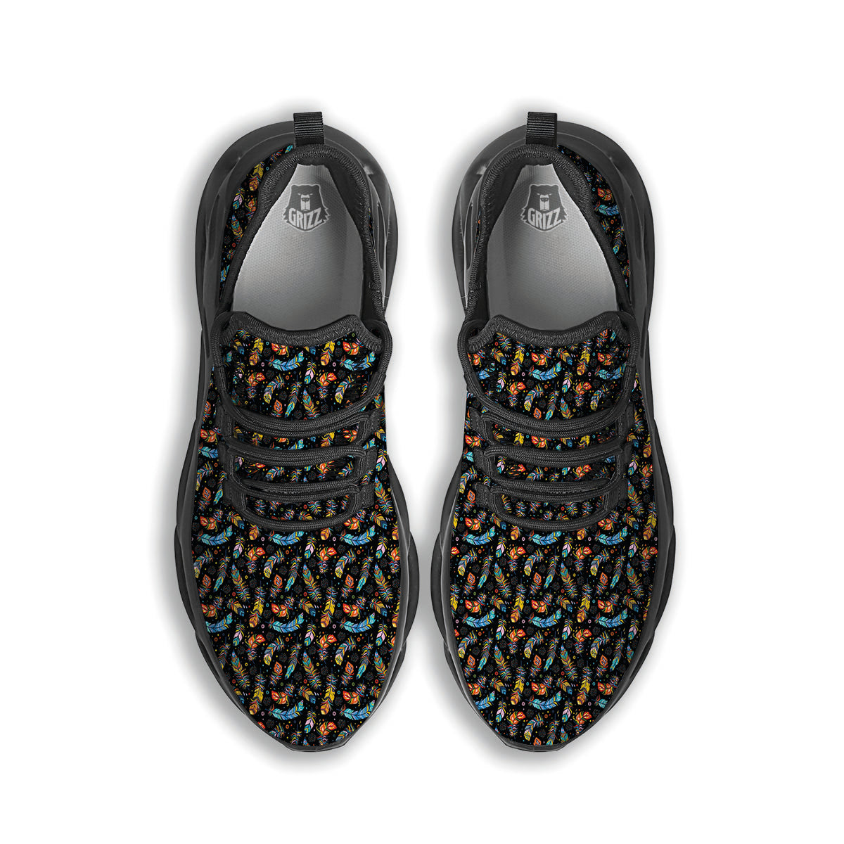 Feather Boho Print Pattern Black Running Shoes-grizzshop