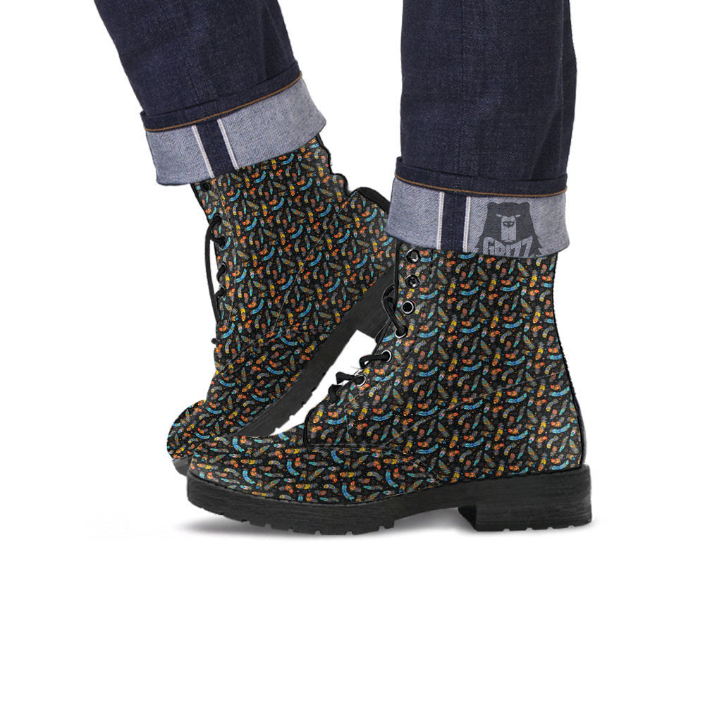 Feather Boho Print Pattern Leather Boots-grizzshop