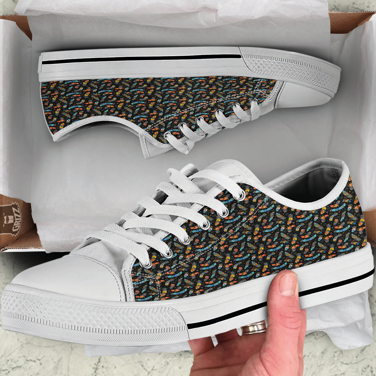 Feather Boho Print Pattern White Low Top Shoes-grizzshop