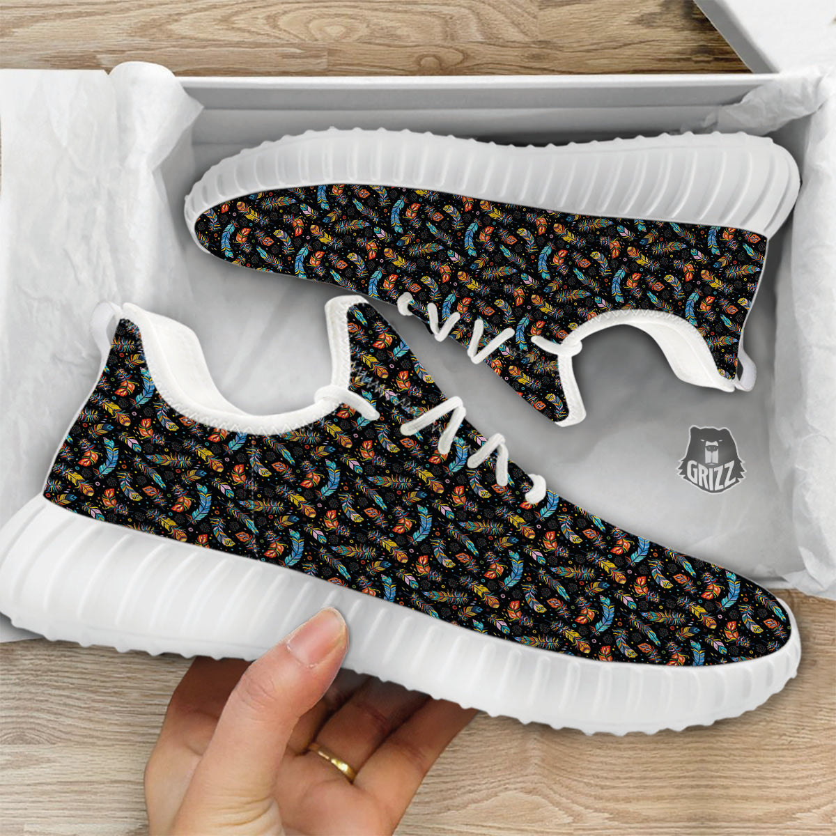 Feather Boho Print Pattern White Walking Shoes-grizzshop