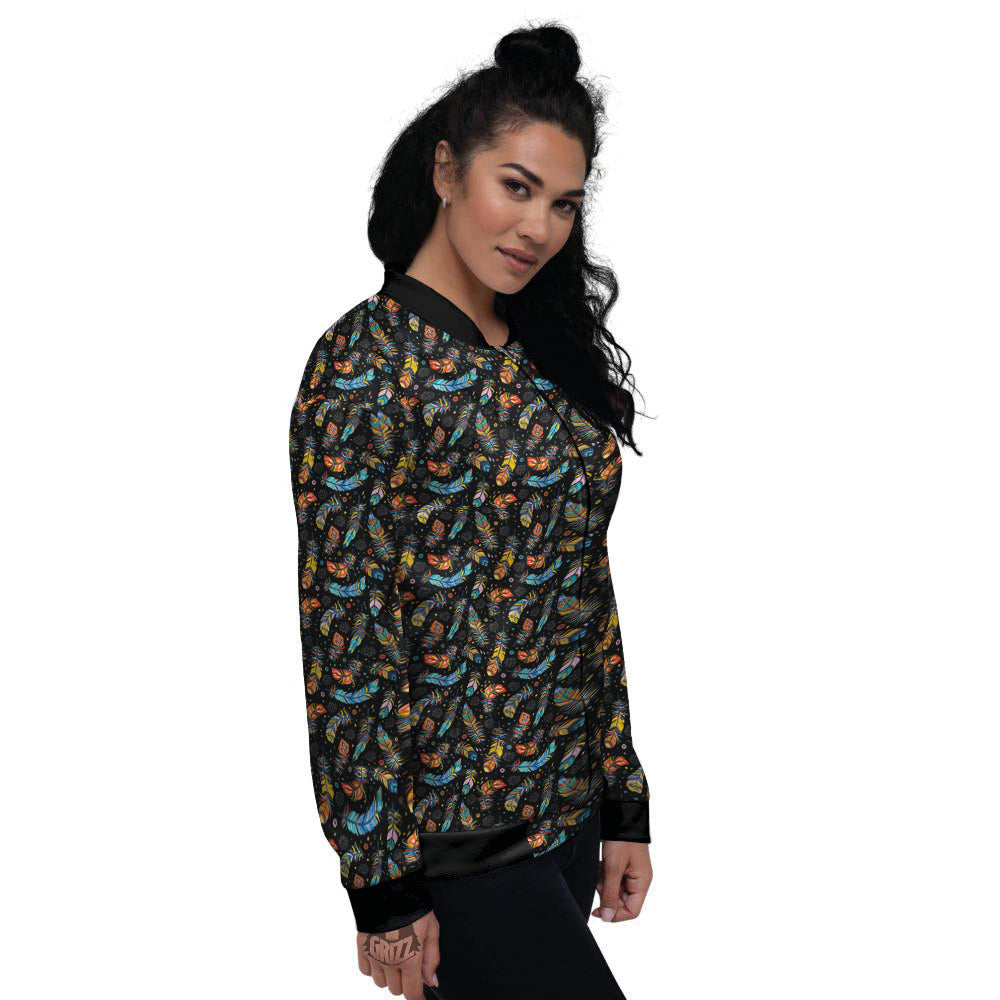 Feather Boho Print Pattern Women's Bomber Jacket-grizzshop