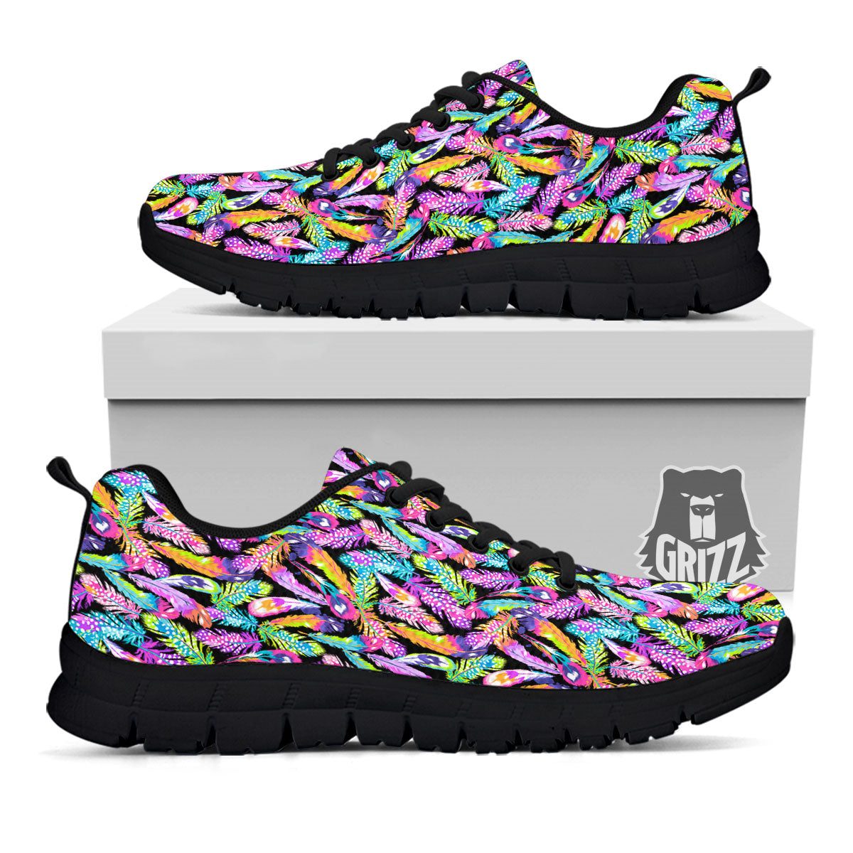 Feather Colorful Print Pattern Black Sneaker-grizzshop