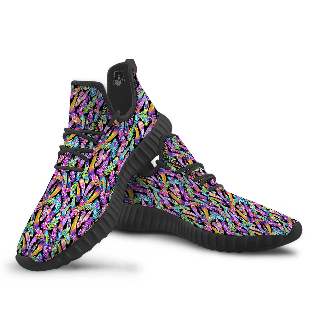 Feather Colorful Print Pattern Black Walking Shoes-grizzshop