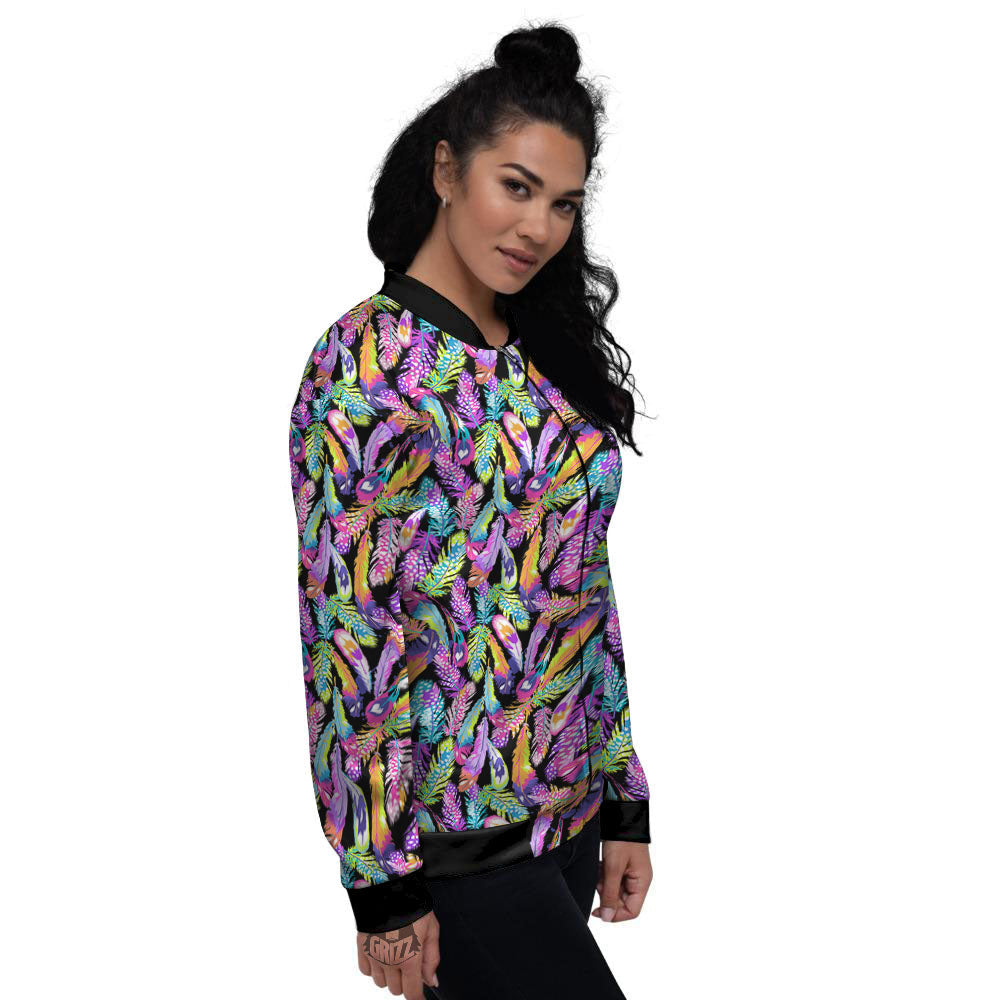 Feather Colorful Print Pattern Women's Bomber Jacket-grizzshop