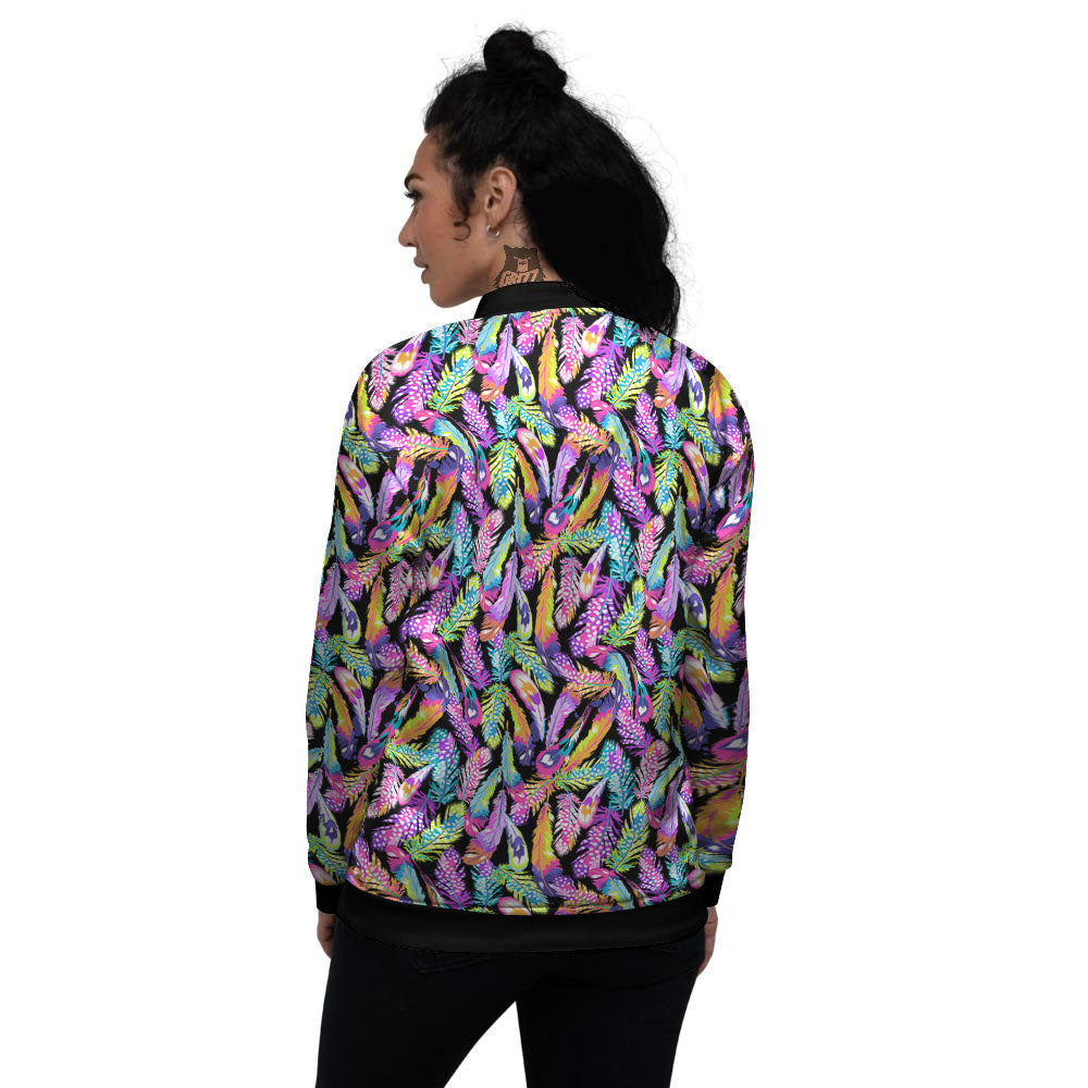Feather Colorful Print Pattern Women's Bomber Jacket-grizzshop