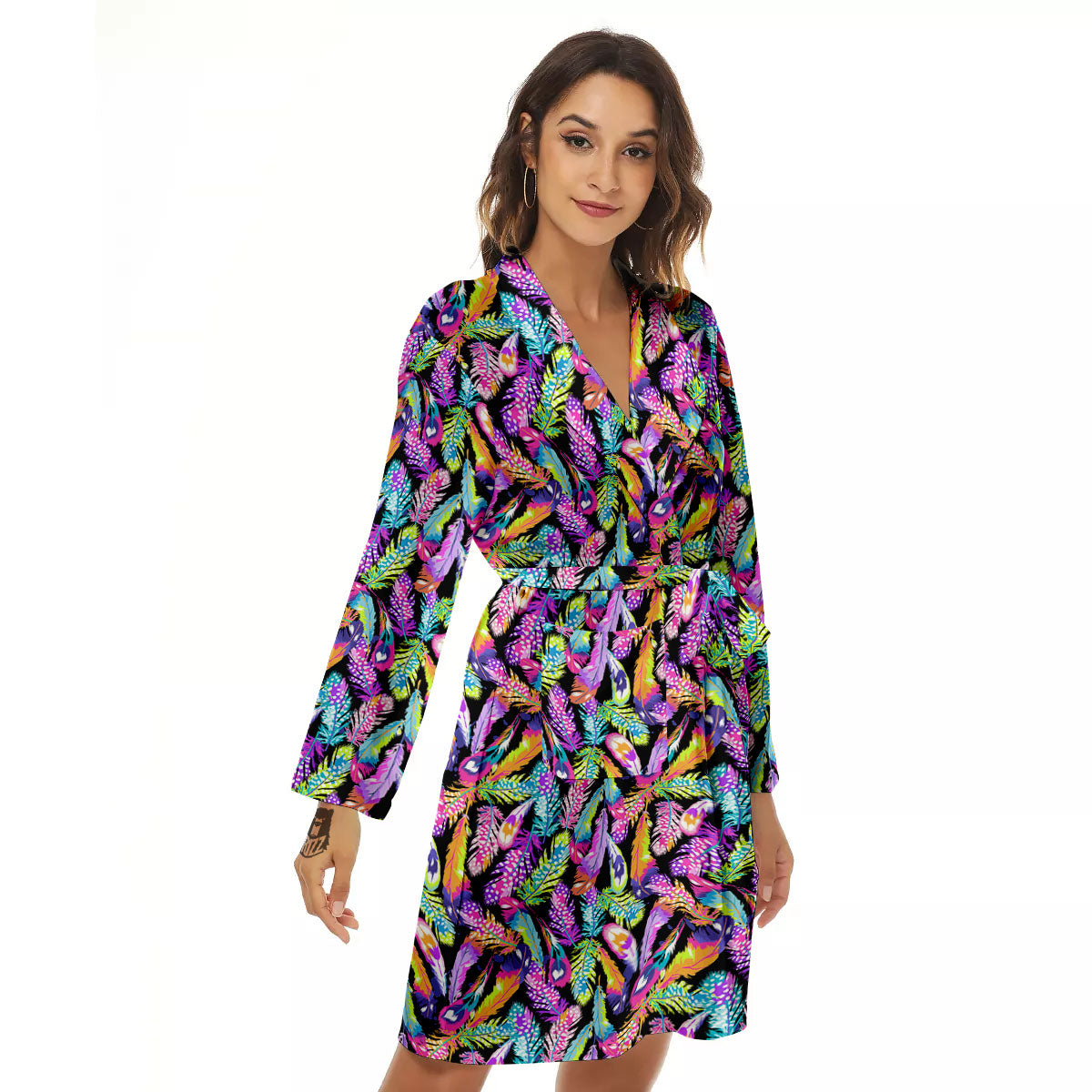 Feather Colorful Print Pattern Women's Robe-grizzshop