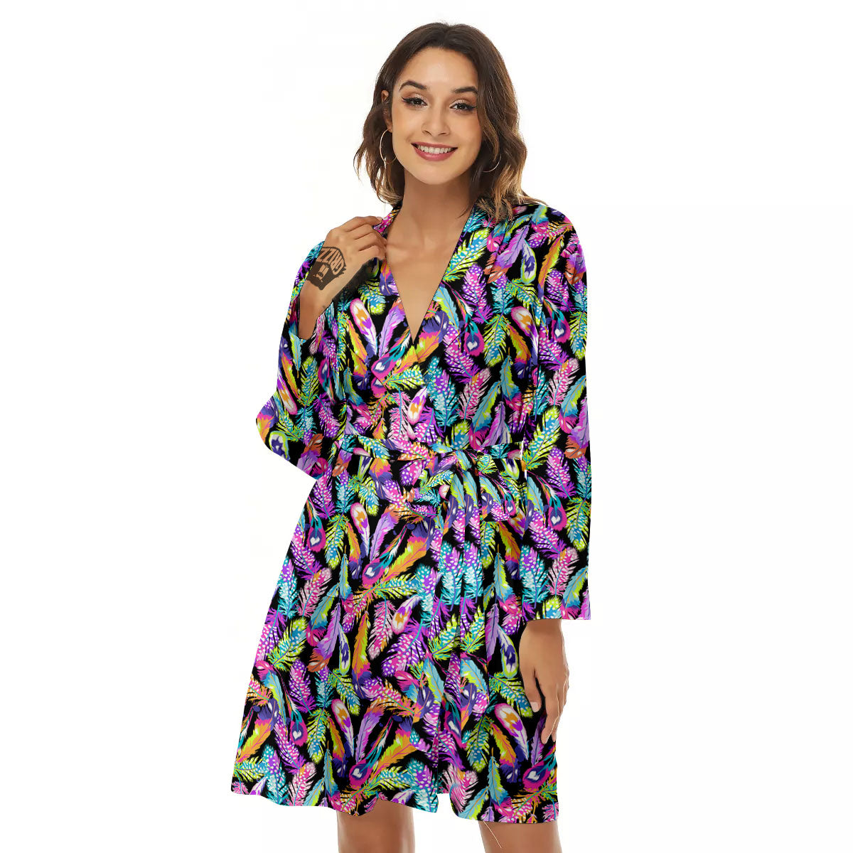Feather Colorful Print Pattern Women's Robe-grizzshop
