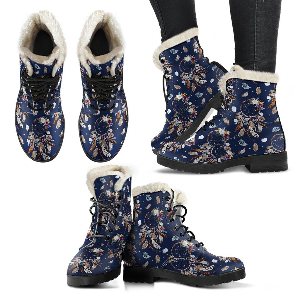 Feather Dream Catcher Blue Boho Pattern Print Comfy Winter Boots-grizzshop