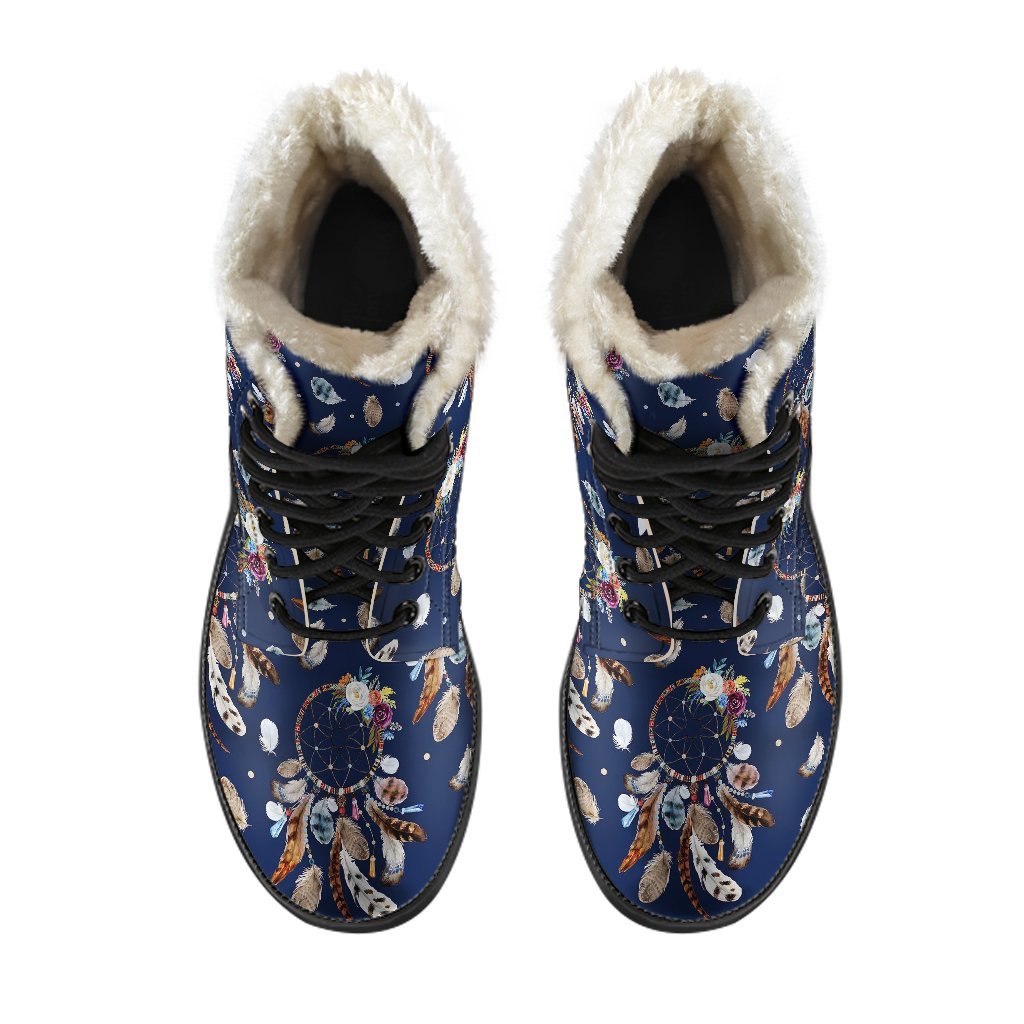 Feather Dream Catcher Blue Boho Pattern Print Comfy Winter Boots-grizzshop