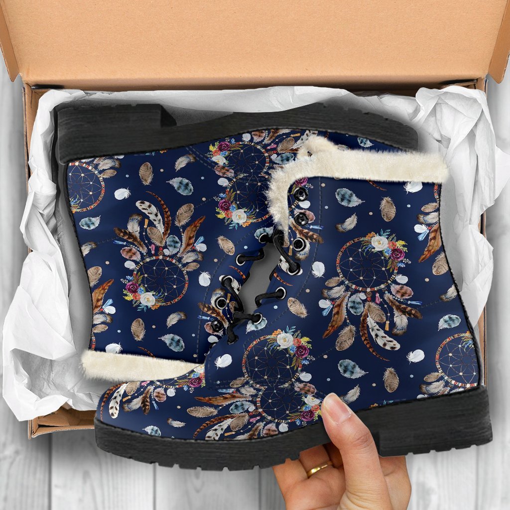 Feather Dream Catcher Blue Boho Pattern Print Comfy Winter Boots-grizzshop