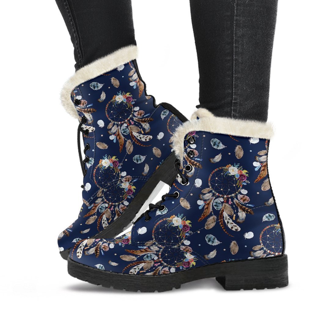 Feather Dream Catcher Blue Boho Pattern Print Comfy Winter Boots-grizzshop