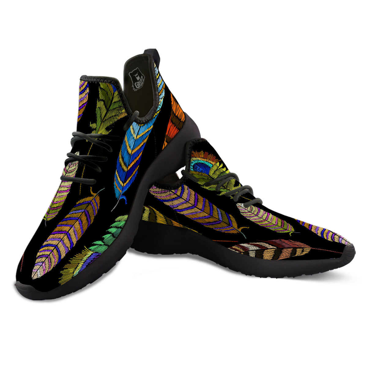 Feather Embroidery Peacock Print Black Athletic Shoes-grizzshop