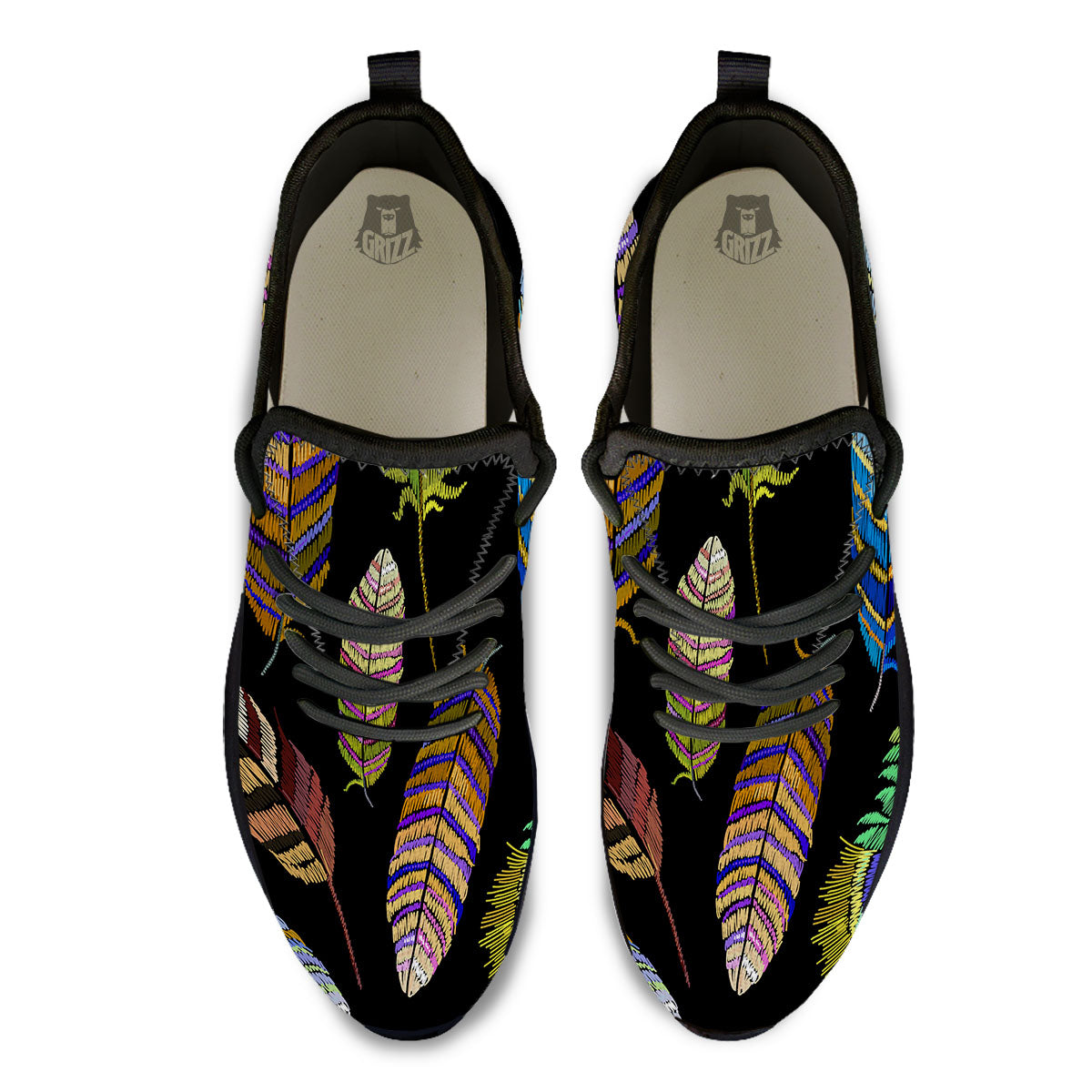 Feather Embroidery Peacock Print Black Athletic Shoes-grizzshop