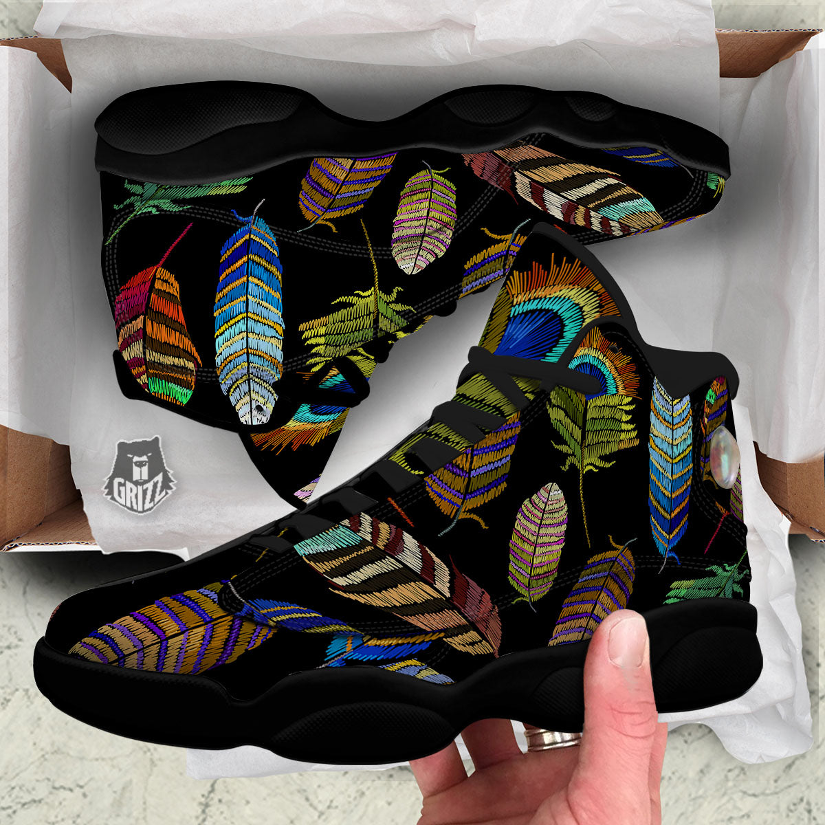 Feather Embroidery Peacock Print Black Basketball Shoes-grizzshop