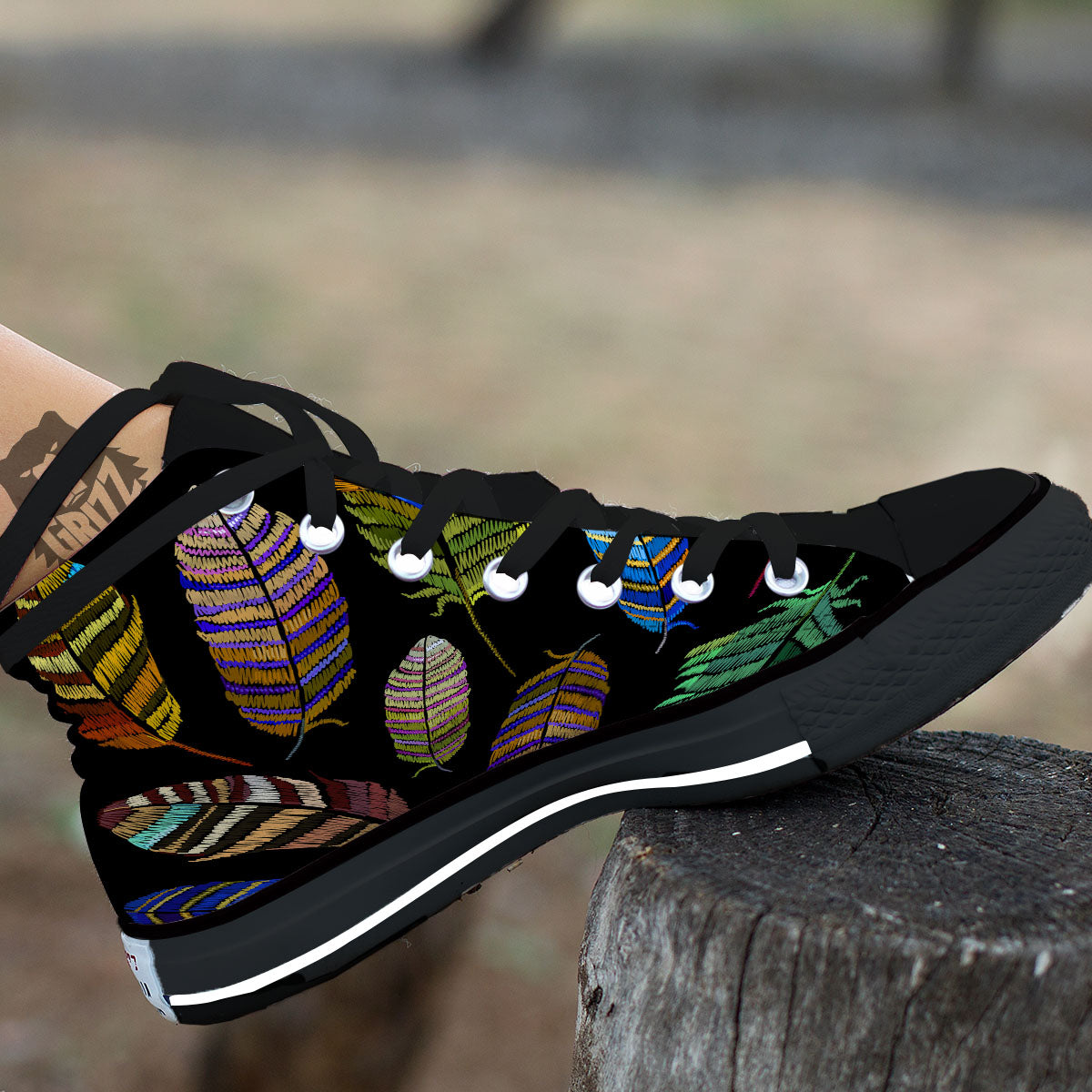 Feather Embroidery Peacock Print Black High Top Shoes-grizzshop